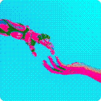 A robot hand and a human hand reaching toward each other